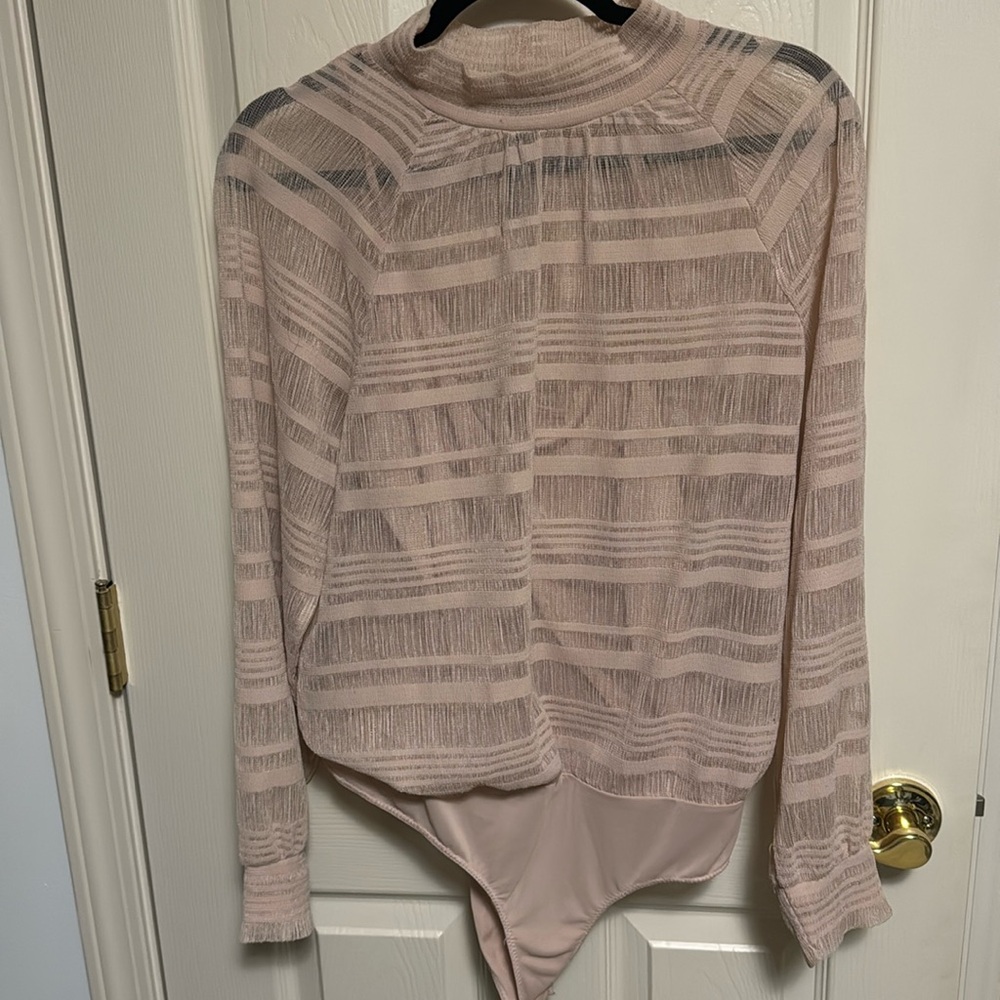 BCBG Max Azria Pink Nude Semisheer Stretchy longsleeve bodysuit Women's
